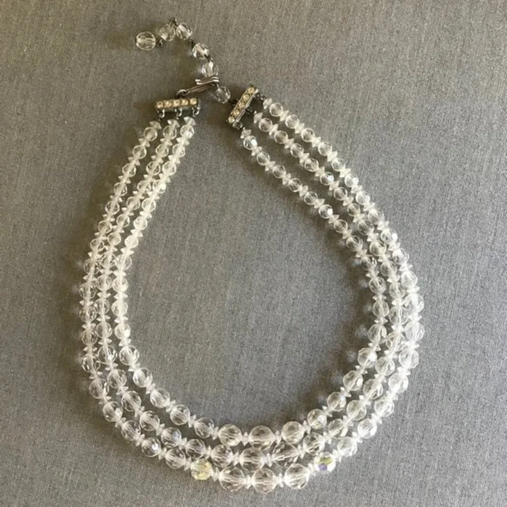 Vintage 3 Strand Aurora Borealis Crystal Necklace Rhinestone Extension 14-16 In